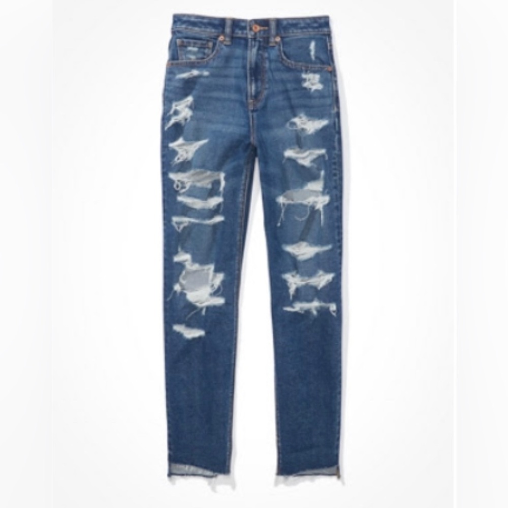 American Eagle Women’s Dark Wash Ripped Mom Jeans| Size: 4 long